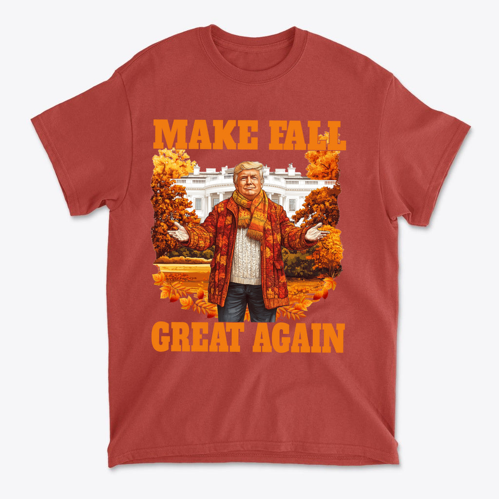 Make Fall Great Again Autumn T Shirt featuring a playful design with autumn colors and festive elements.