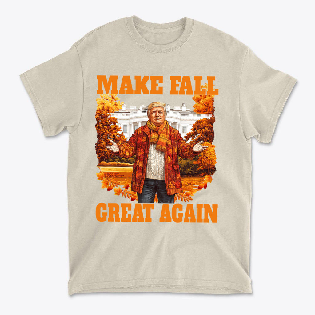 Make Fall Great Again Autumn T Shirt featuring a festive design with autumn colors and playful slogan.