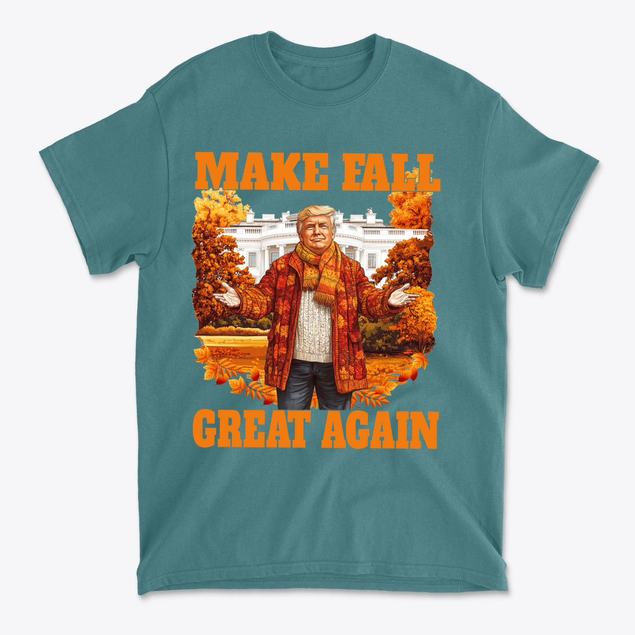 Make Fall Great Again Autumn T Shirt featuring a whimsical design with autumn leaves and vibrant colors.