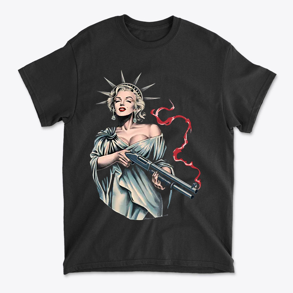 Marilyn Statue Of Liberty Apparel black t-shirt featuring a vintage-style illustration of a woman in a liberty crown with a gun.