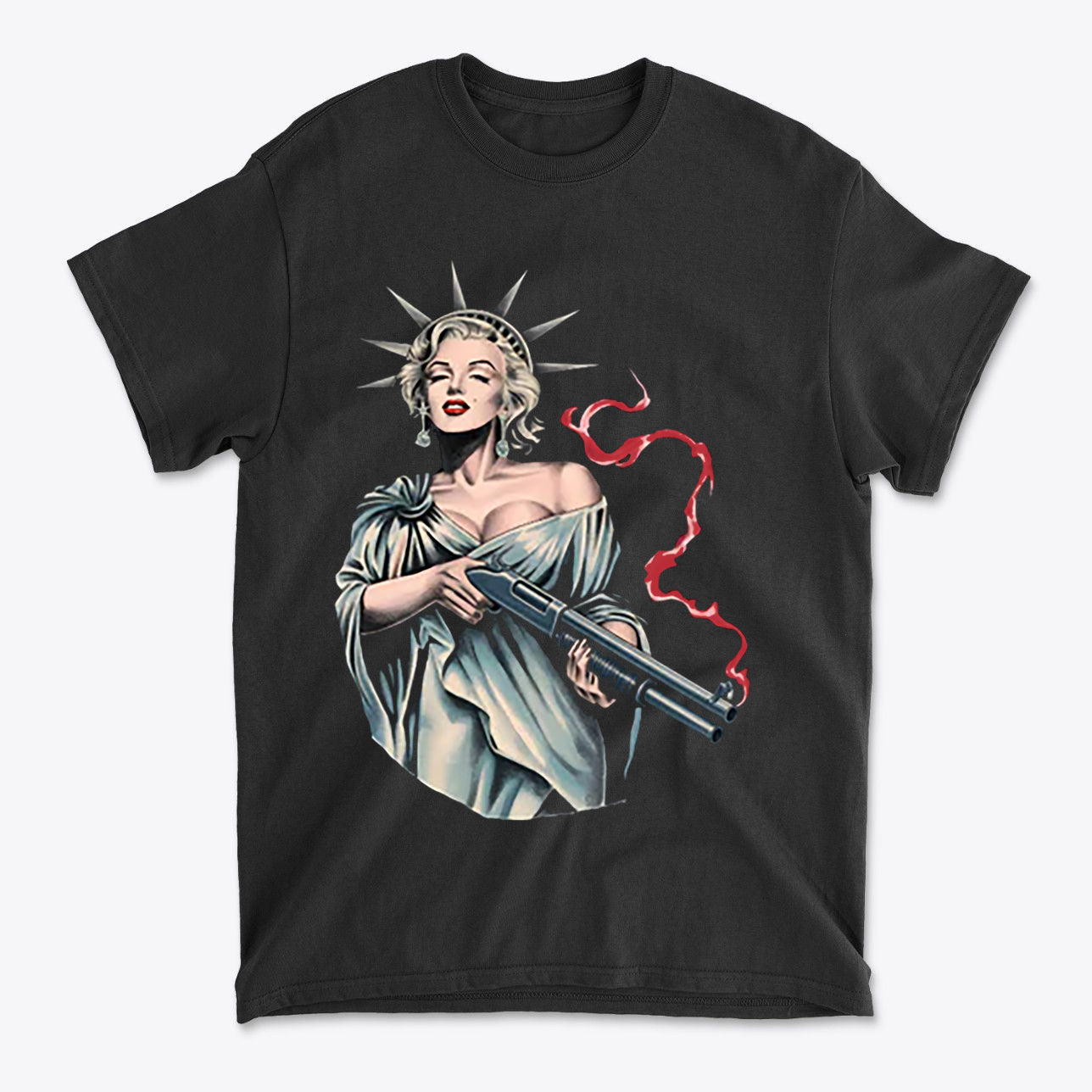 Marilyn Statue Of Liberty Apparel black t-shirt featuring a vintage-style illustration of a woman in a liberty crown with a gun.