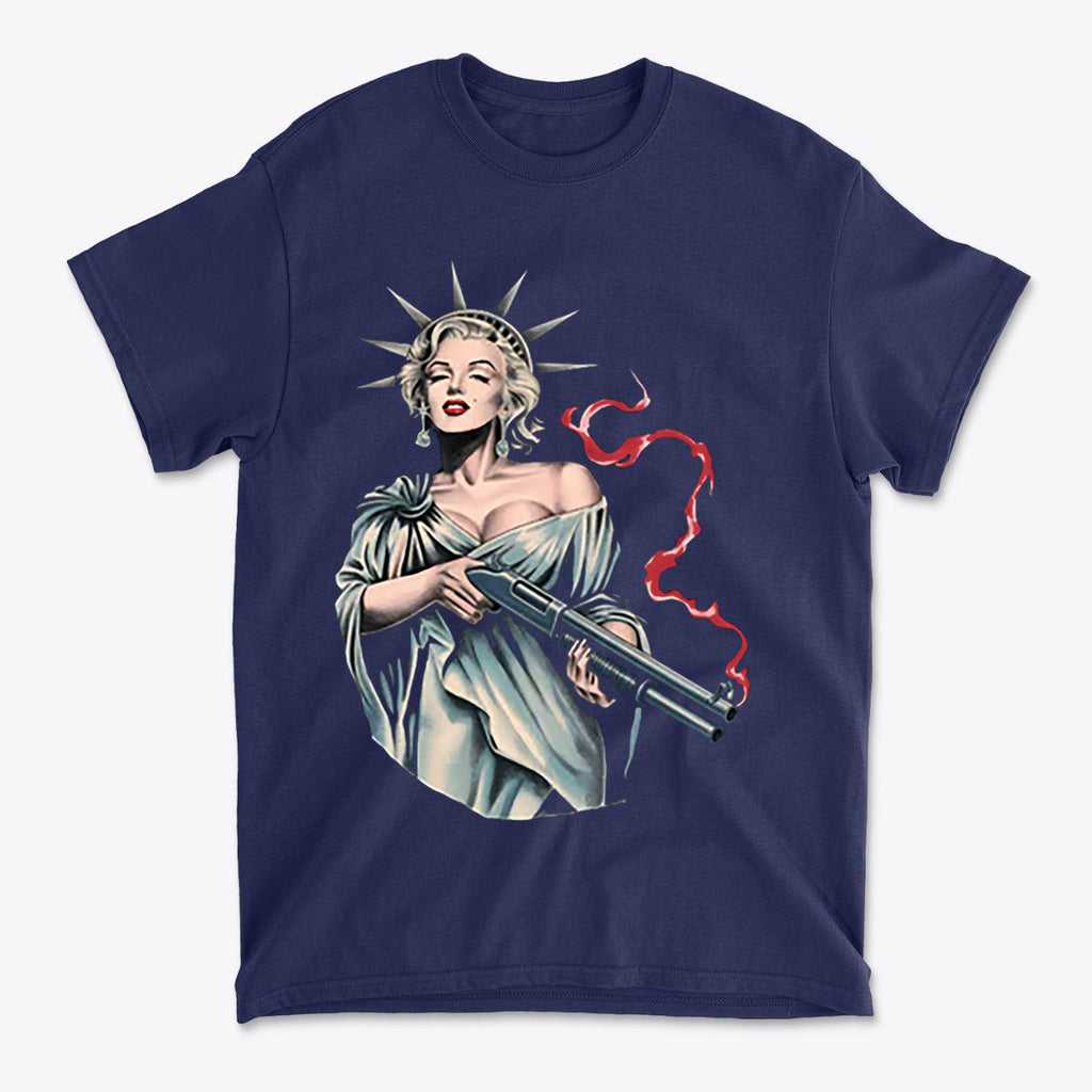 Marilyn Statue Of Liberty Apparel t-shirt featuring a woman with a gun and Lady Liberty attire.