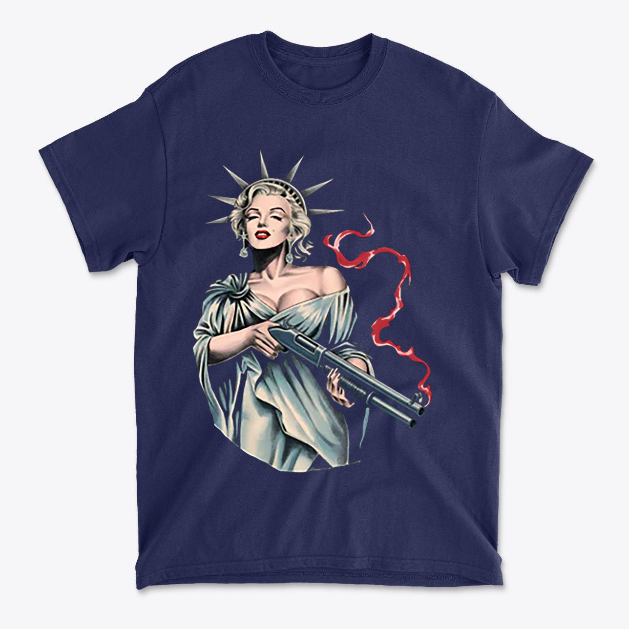 Marilyn Statue Of Liberty Apparel t-shirt featuring a woman with a gun and Lady Liberty attire.