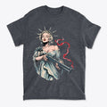 Marilyn Statue Of Liberty Apparel graphic on a grey t-shirt featuring a woman holding a gun with a statue of liberty motif.