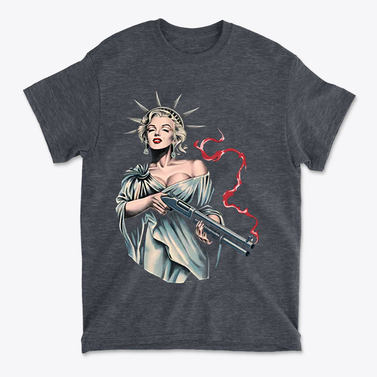 Marilyn Statue Of Liberty Apparel graphic on a grey t-shirt featuring a woman holding a gun with a statue of liberty motif.