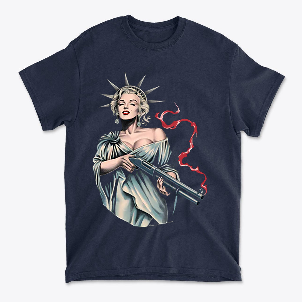 Marilyn Statue Of Liberty Apparel featuring a vintage design with a woman holding a gun, representing a strong political statement.