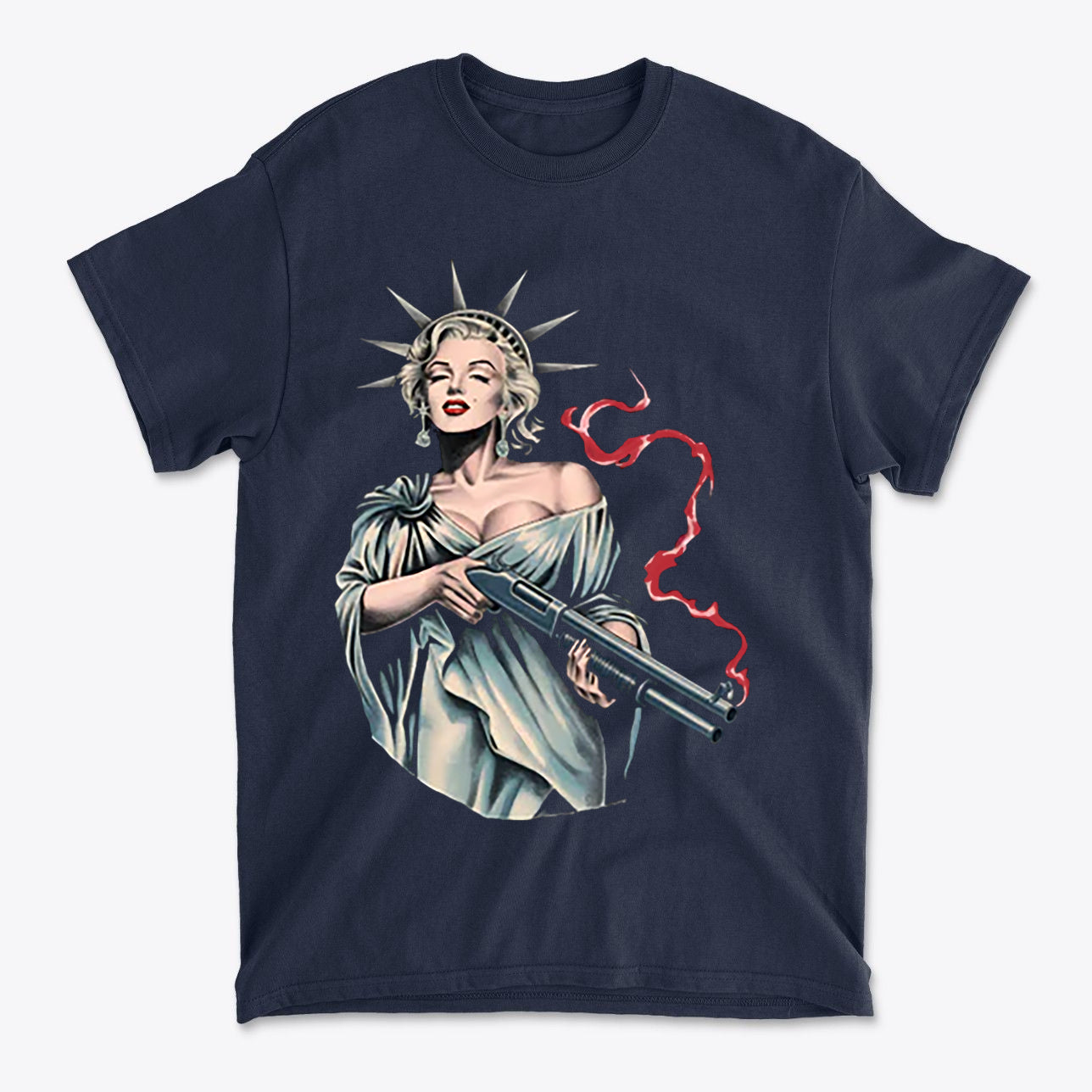 Marilyn Statue Of Liberty Apparel featuring a vintage design with a woman holding a gun, representing a strong political statement.