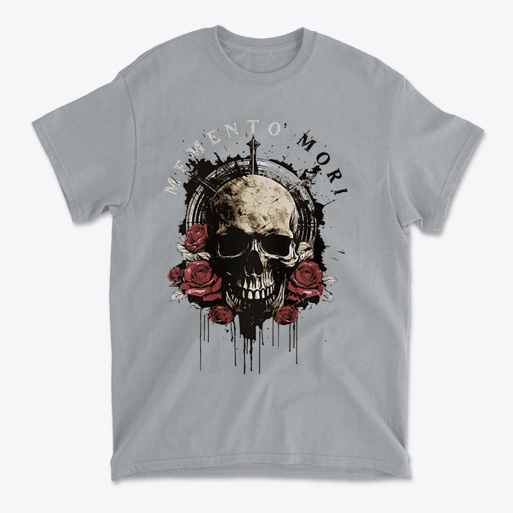 Memento Mori Skull Design Shirt featuring a skull surrounded by roses on a gray background.