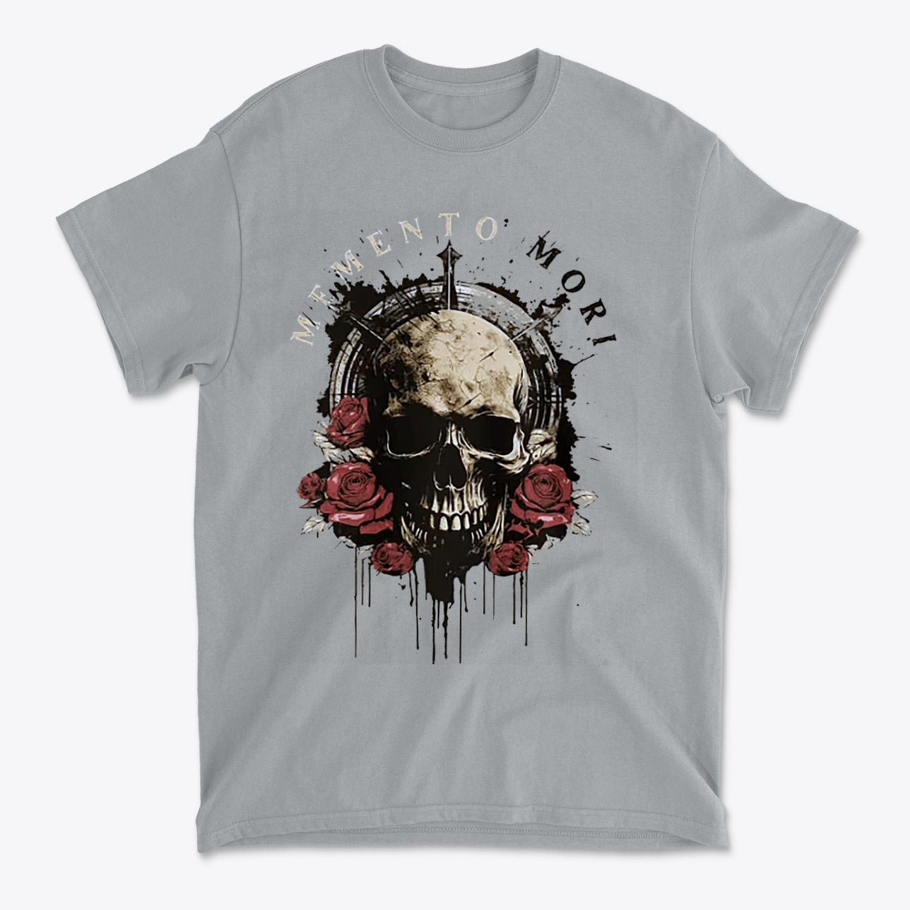 Memento Mori Skull Design Shirt featuring a skull surrounded by roses on a gray background.