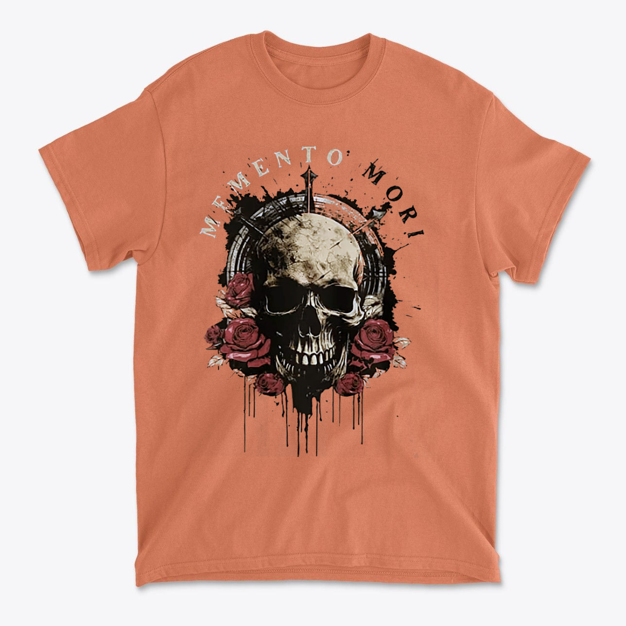 Memento Mori Skull Design Shirt featuring an artistic skull with roses on an orange background.