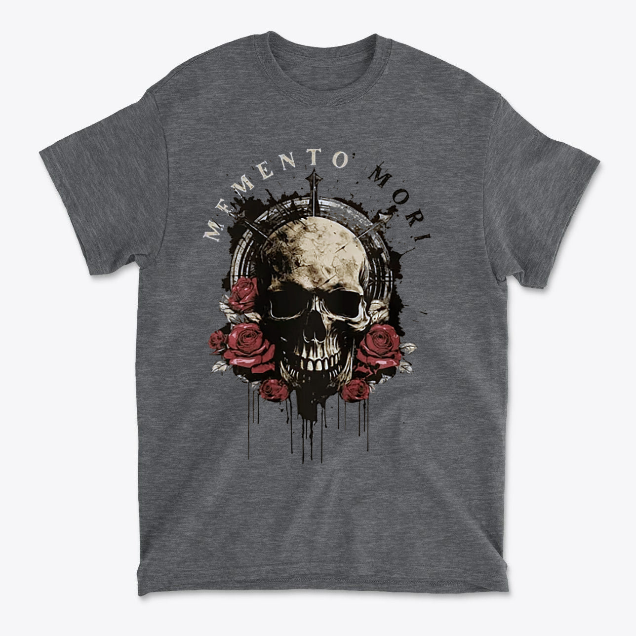 Memento Mori Skull Design Shirt featuring a skull and roses, embodying a striking and philosophical aesthetic.