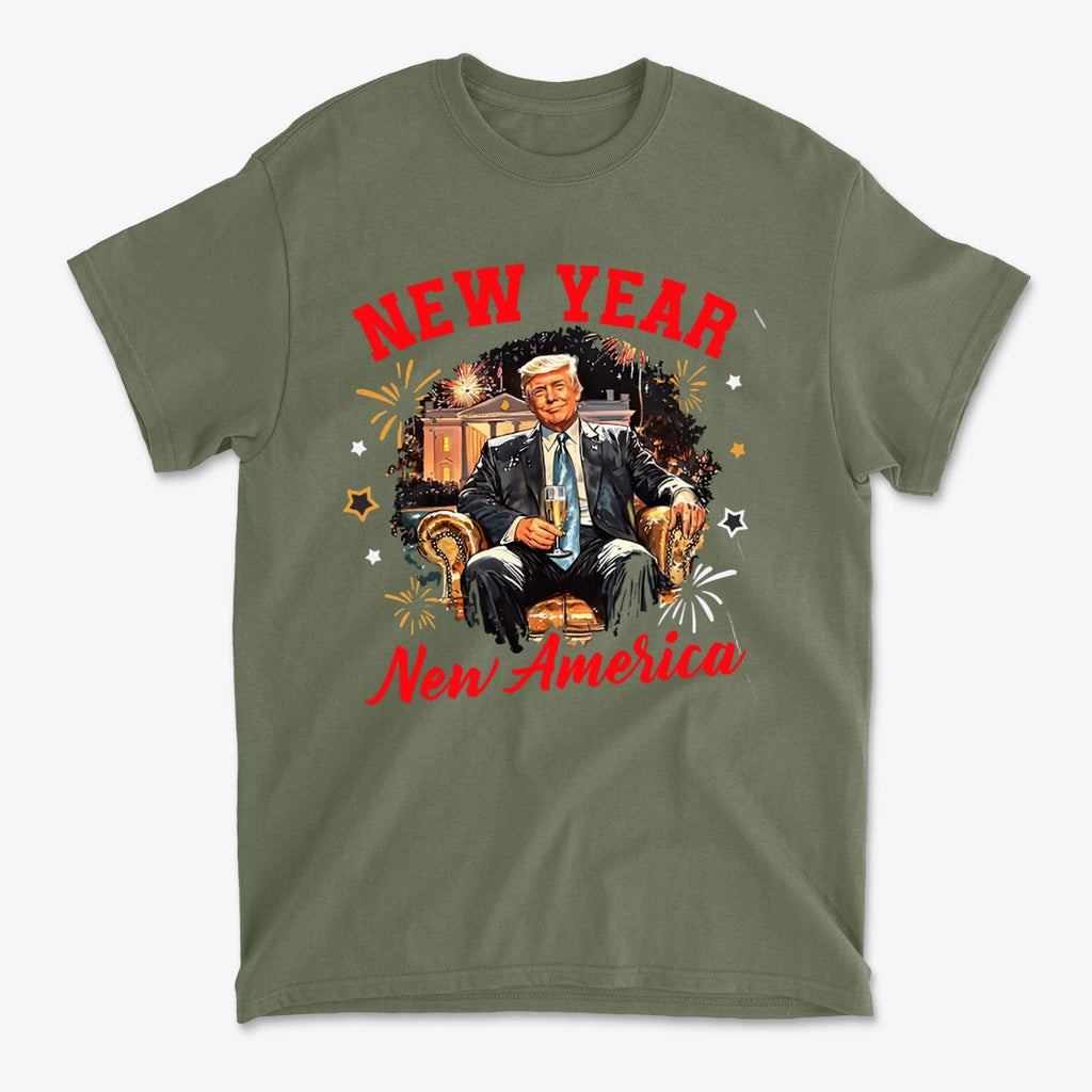 New Year New America Freedom Design graphic t-shirt showcasing a patriotic theme and festive imagery.