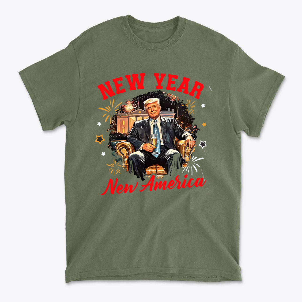 New Year New America Freedom Design graphic t-shirt showcasing a patriotic theme and festive imagery.