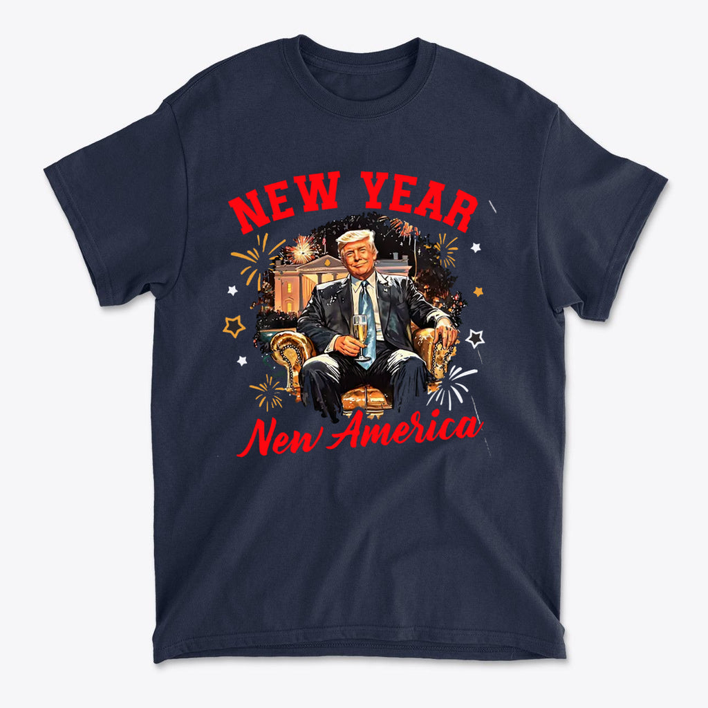 New Year New America Freedom Design t-shirt featuring patriotic graphic and celebratory colors.