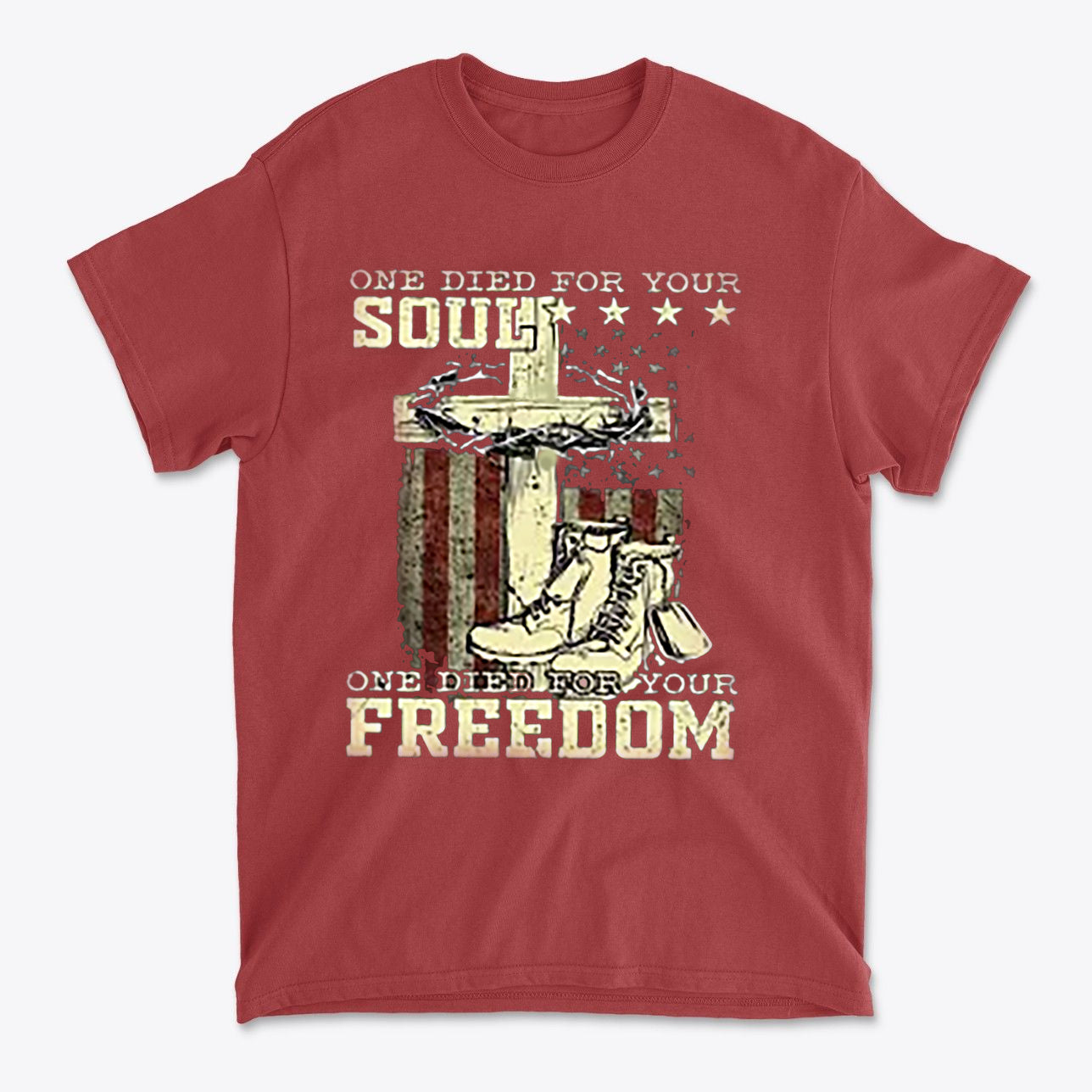 One Died For Your Soul One Died For Your Freedom graphic t-shirt design featuring a cross and military boots.
