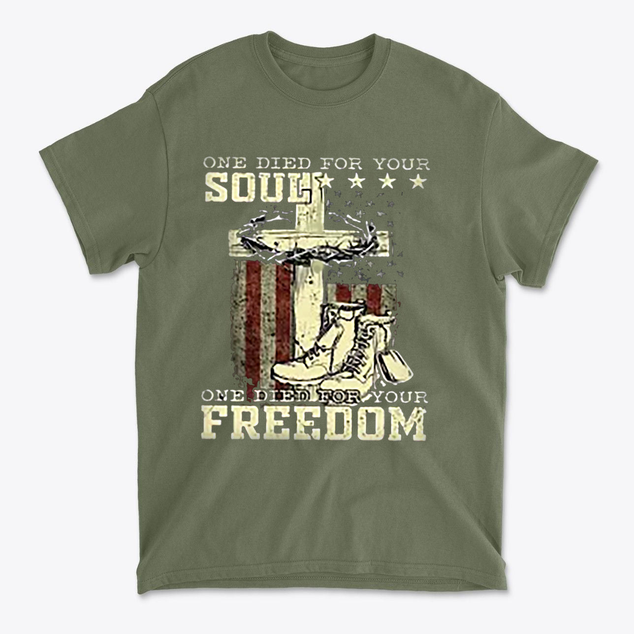 One Died For Your Soul One Died For Your Freedom graphic t-shirt with military boots and a cross design.