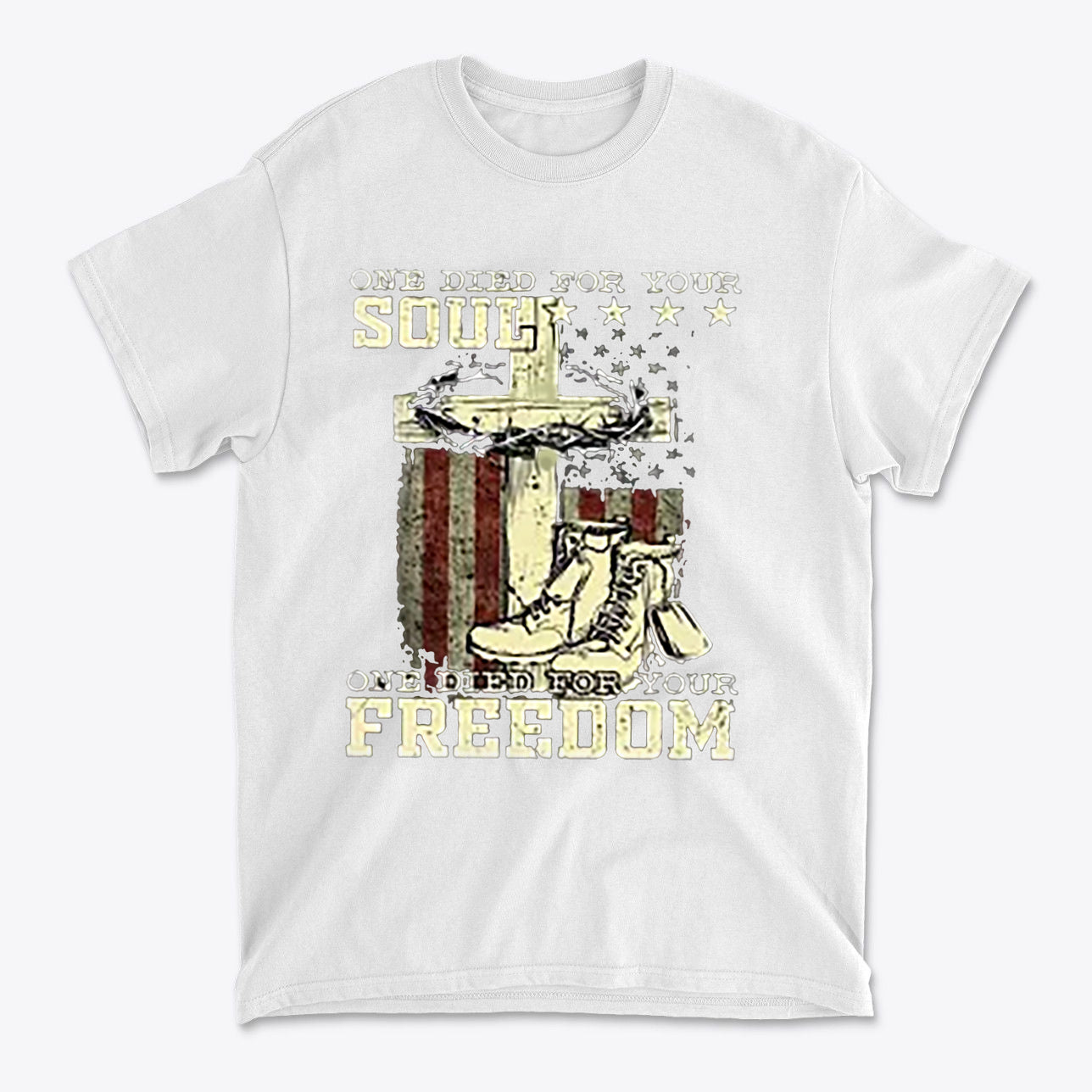 One Died For Your Soul One Died For Your Freedom graphic t-shirt design with patriotic elements.
