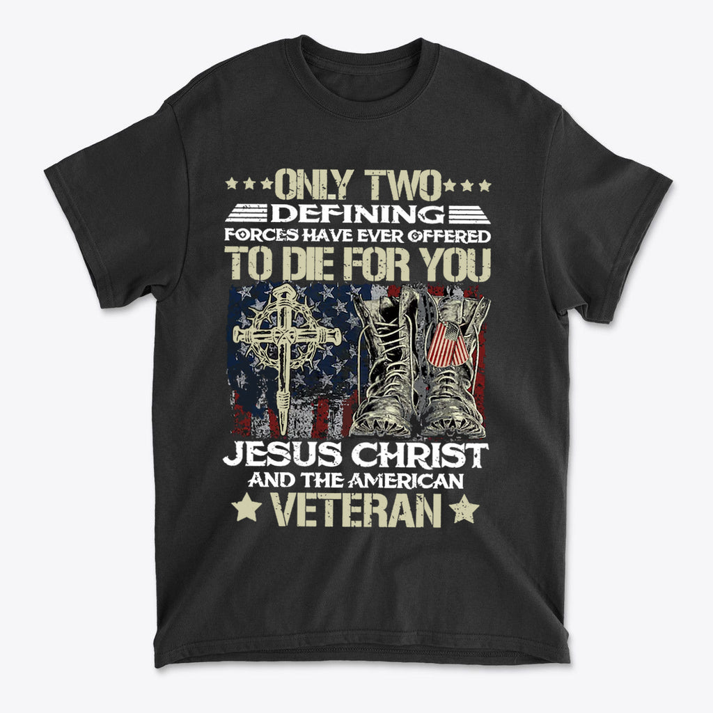 Honor Jesus Christ and American Veterans apparel featuring graphic design with military boots and cross.