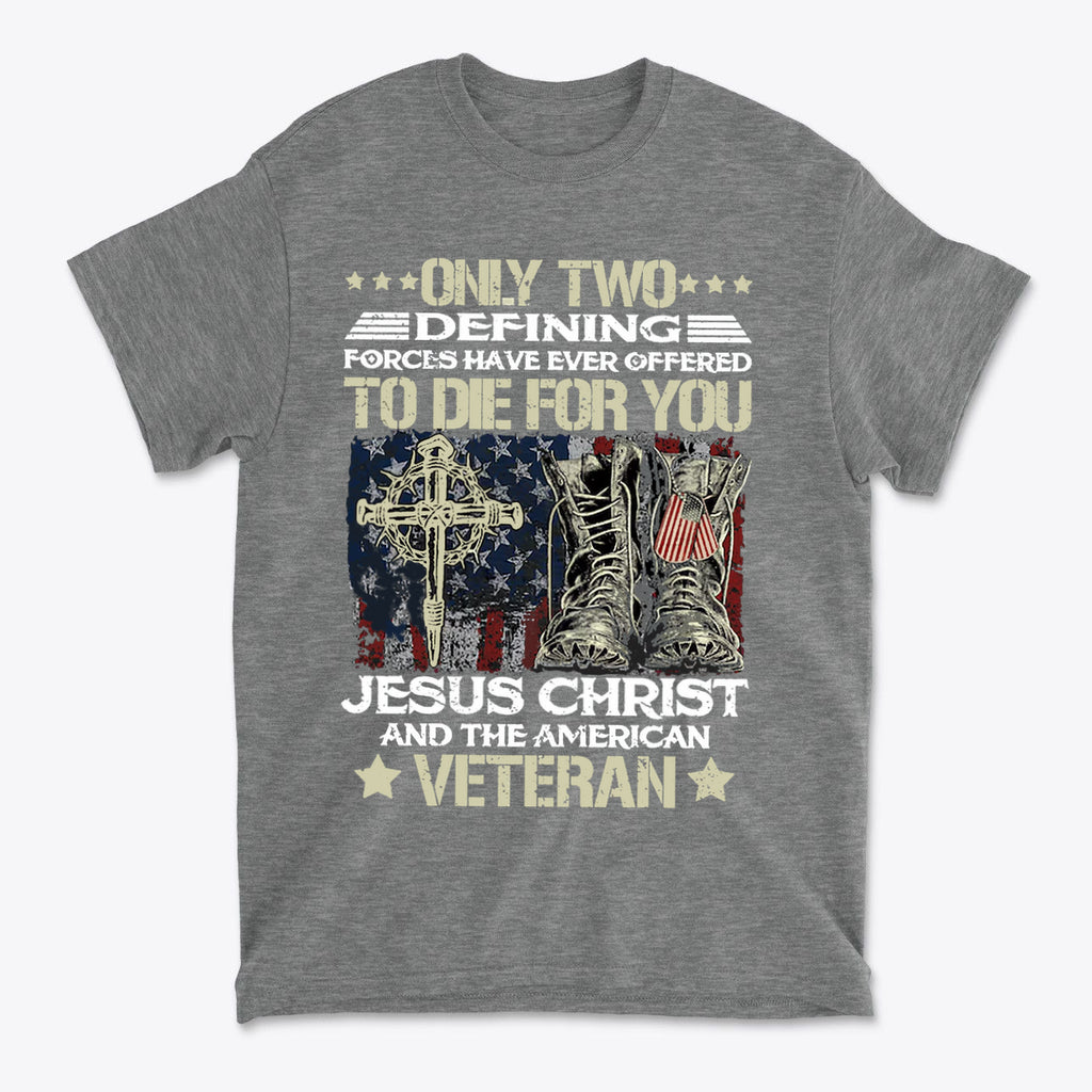 Honor Jesus Christ and American Veterans graphic tee featuring boots and cross design.