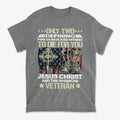 Honor Jesus Christ and American Veterans graphic tee featuring boots and cross design.