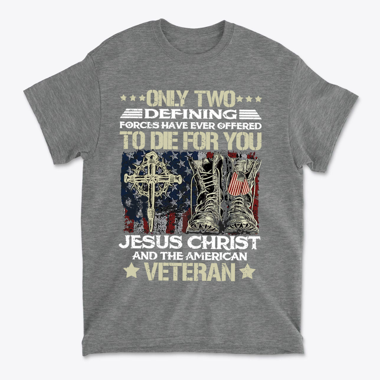 Honor Jesus Christ and American Veterans graphic tee featuring boots and cross design.