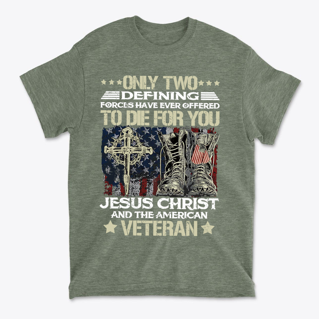 Honor Jesus Christ and American Veterans apparel featuring a cross and military boots on a vintage background.