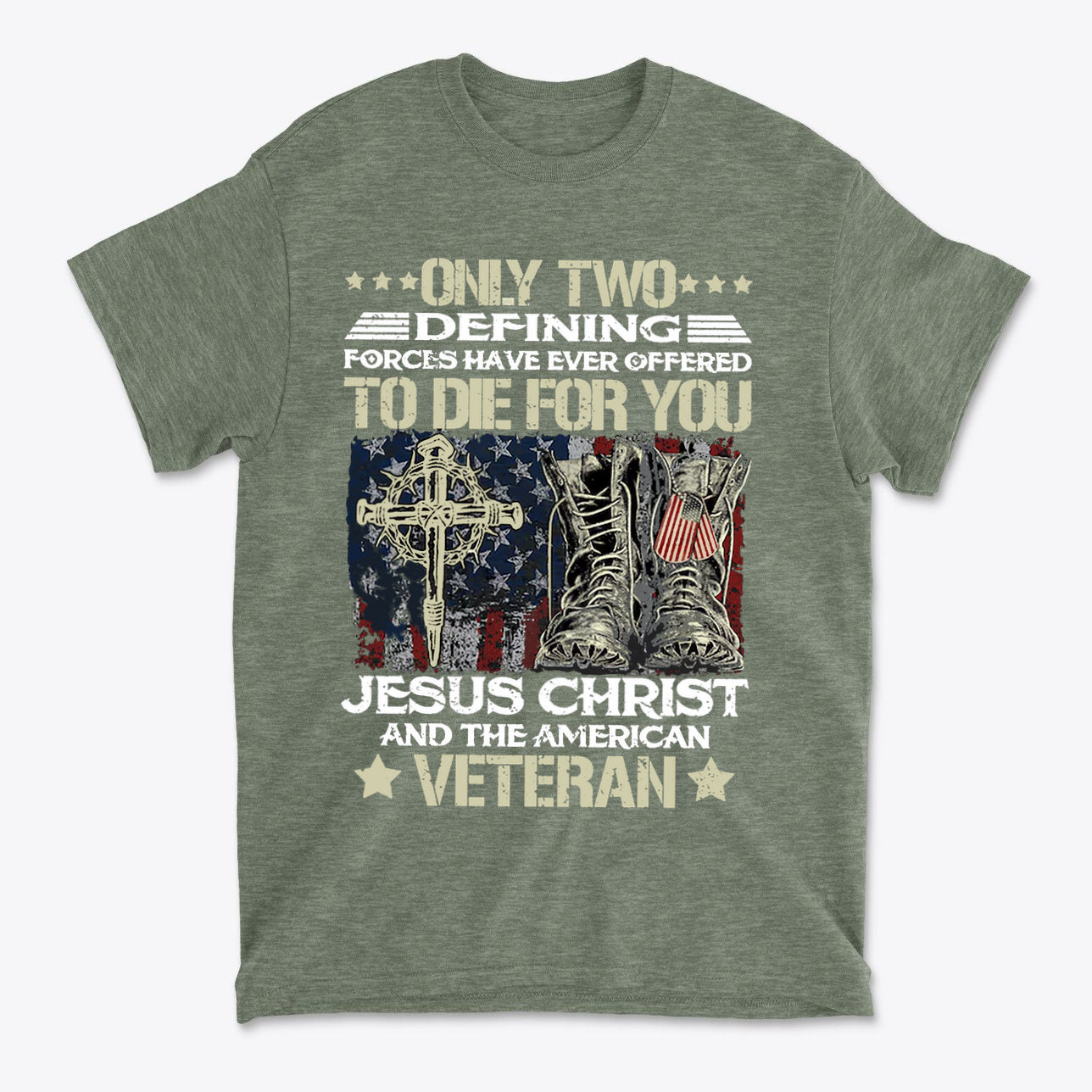 Honor Jesus Christ and American Veterans apparel featuring a cross and military boots on a vintage background.