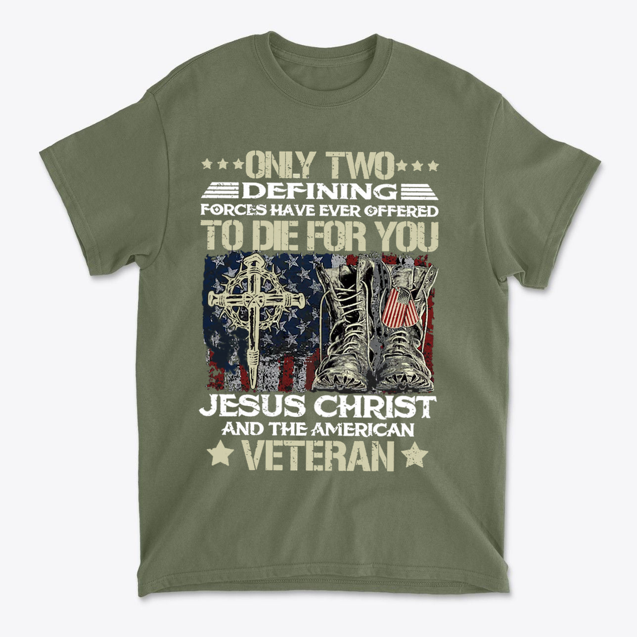 Honor Jesus Christ and American Veterans graphic t-shirt featuring spiritual and patriotic design.
