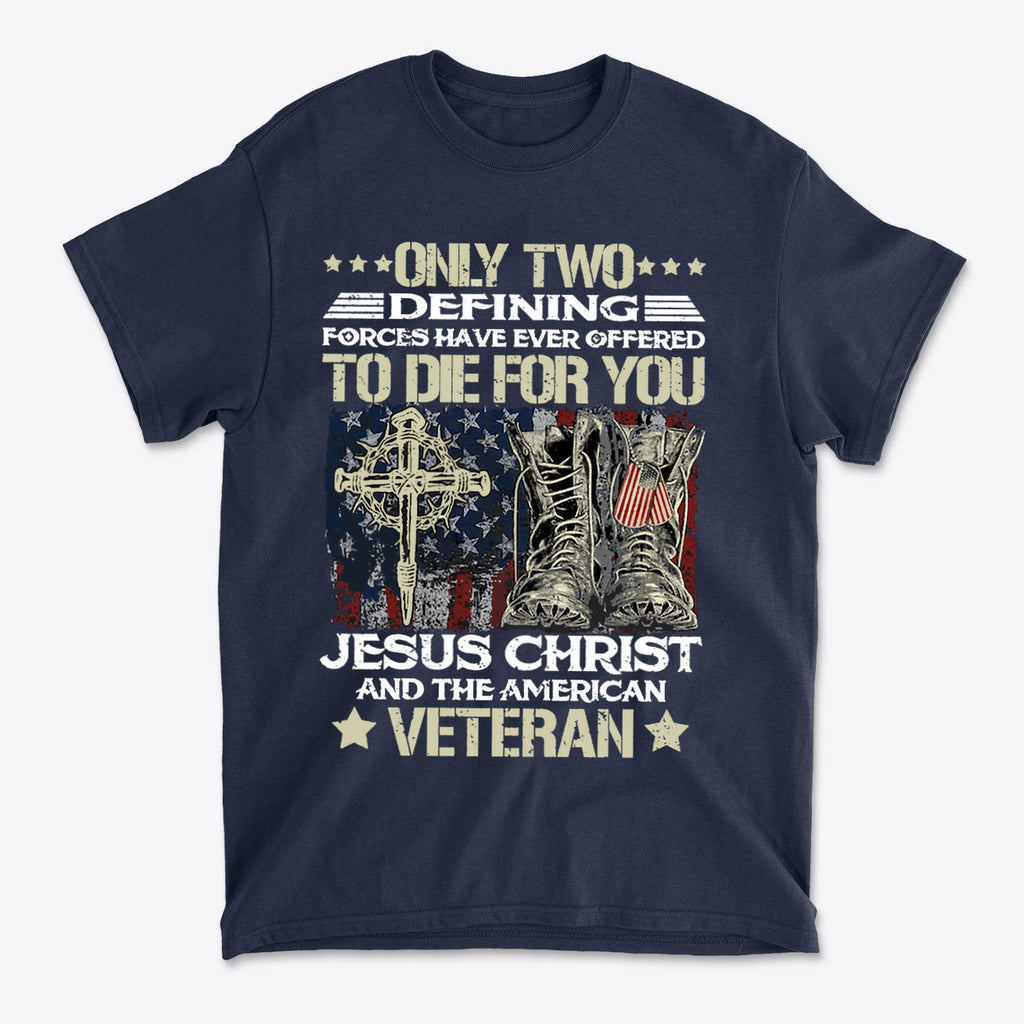 Honor Jesus Christ and American Veterans graphic t-shirt featuring military boots and a cross design.