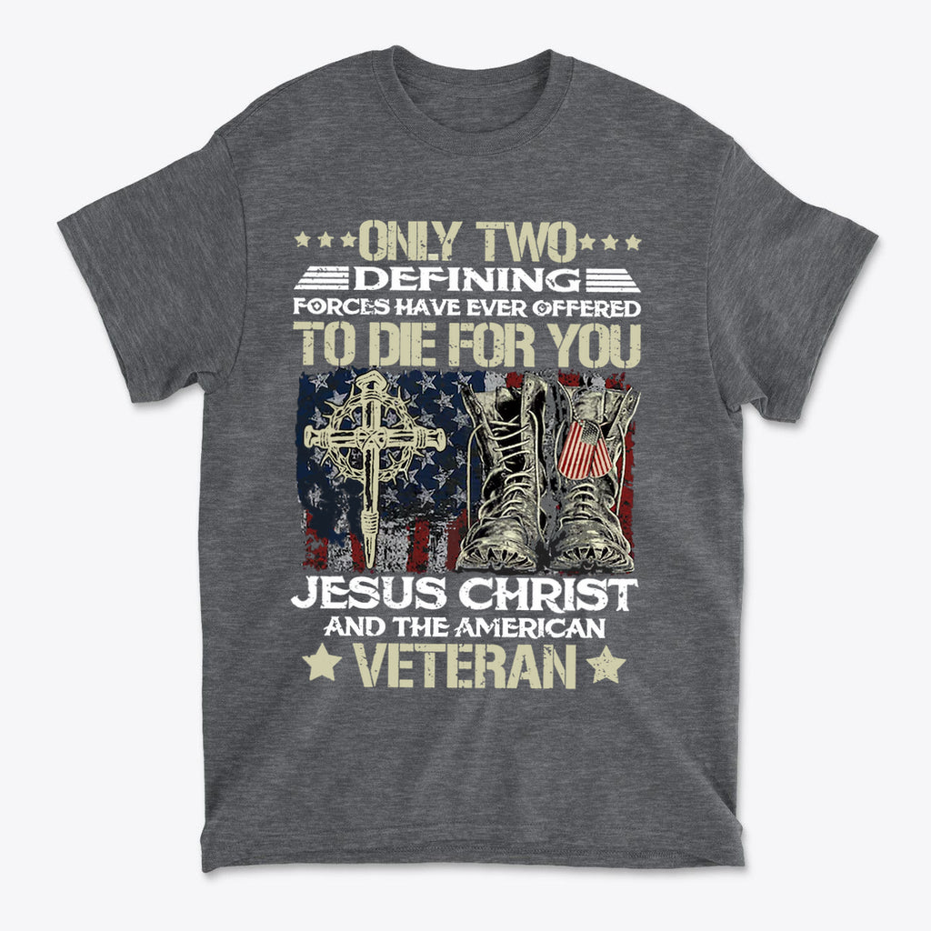 Honor Jesus Christ and American Veterans t-shirt featuring a patriotic design with boots and a cross.