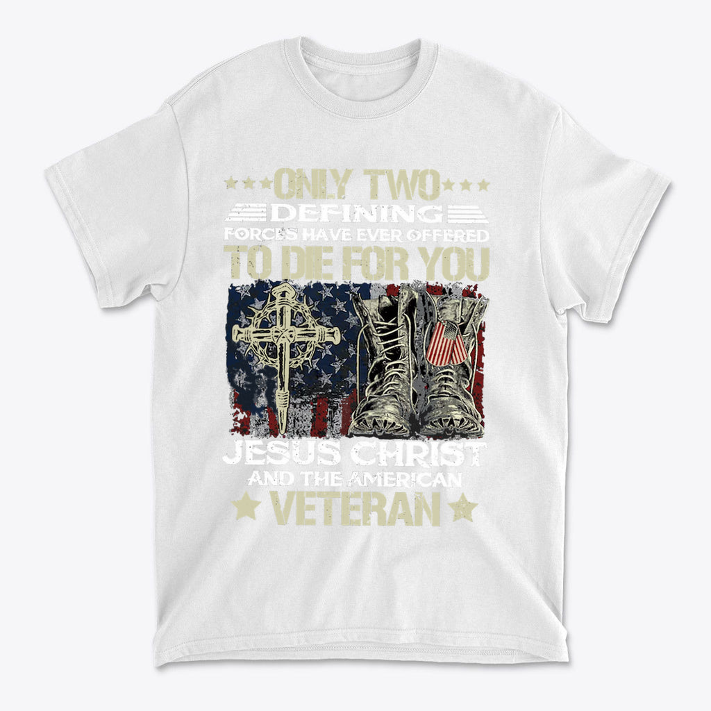 Honor Jesus Christ and American Veterans graphic t-shirt featuring cross, flag, and military boots.