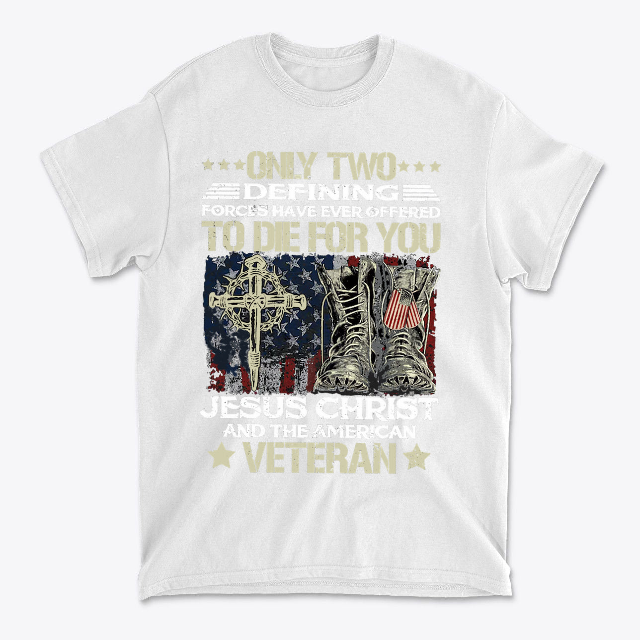 Honor Jesus Christ and American Veterans graphic t-shirt featuring cross, flag, and military boots.