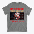 Override The Swamp Trump 2028 Graphic t-shirt featuring bold design and patriotic elements.