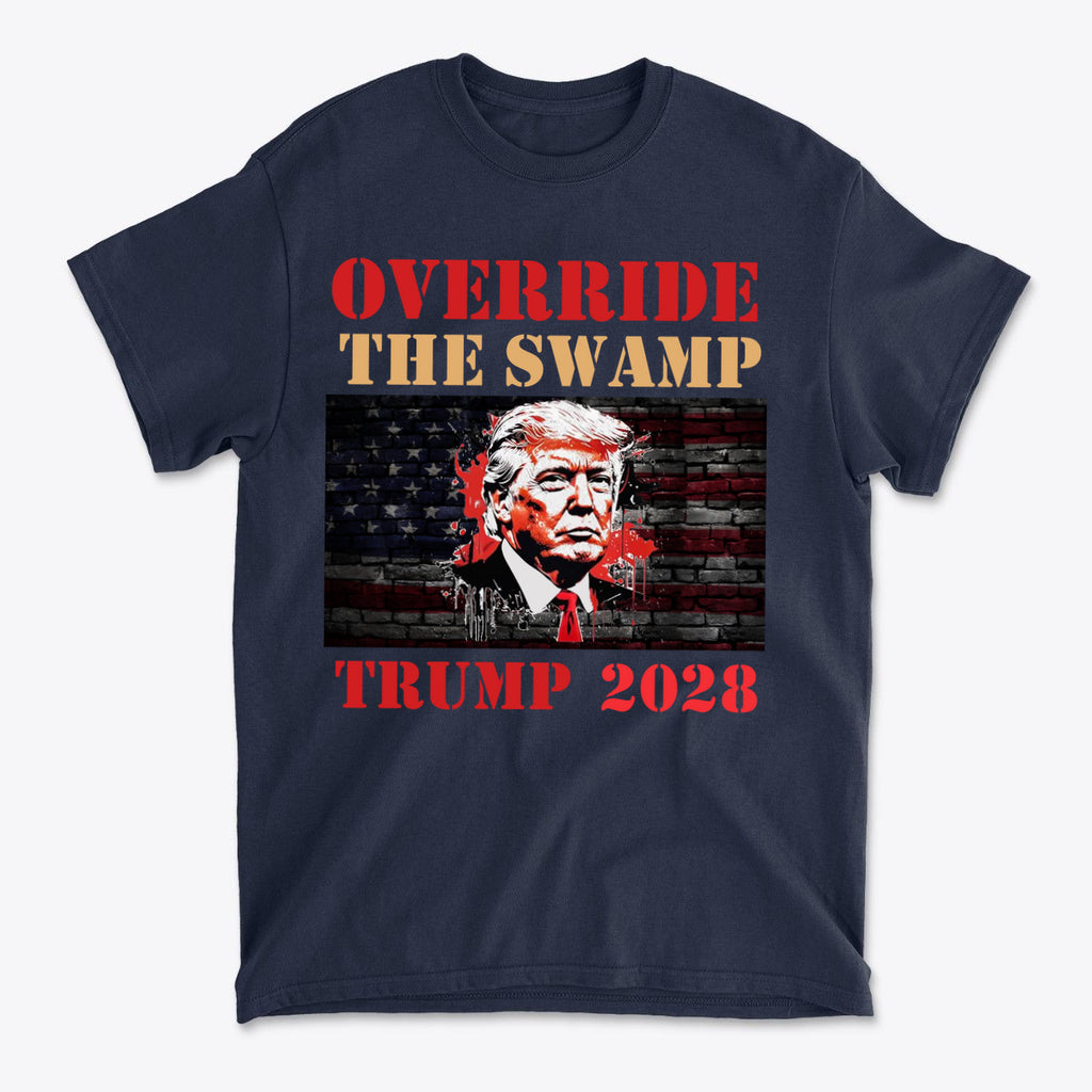Override The Swamp Trump 2028 Graphic navy t-shirt featuring a bold design with Trump's image and patriotic elements.