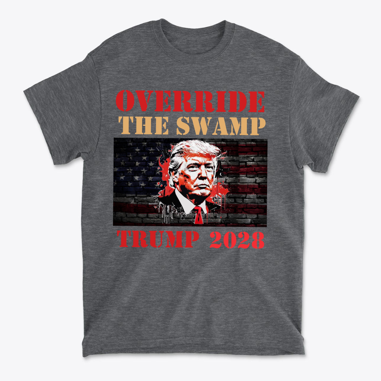 Override The Swamp Trump 2028 Graphic t-shirt featuring Donald Trump's bold design with American flag background.