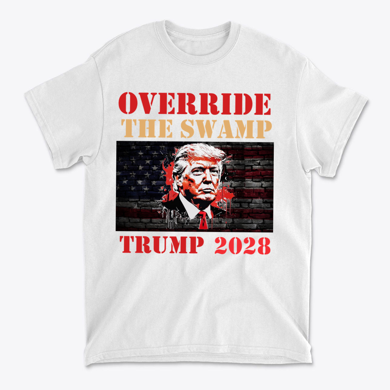 Override The Swamp Trump 2028 Graphic t-shirt showcasing a bold design with Trump's image and patriotic colors.