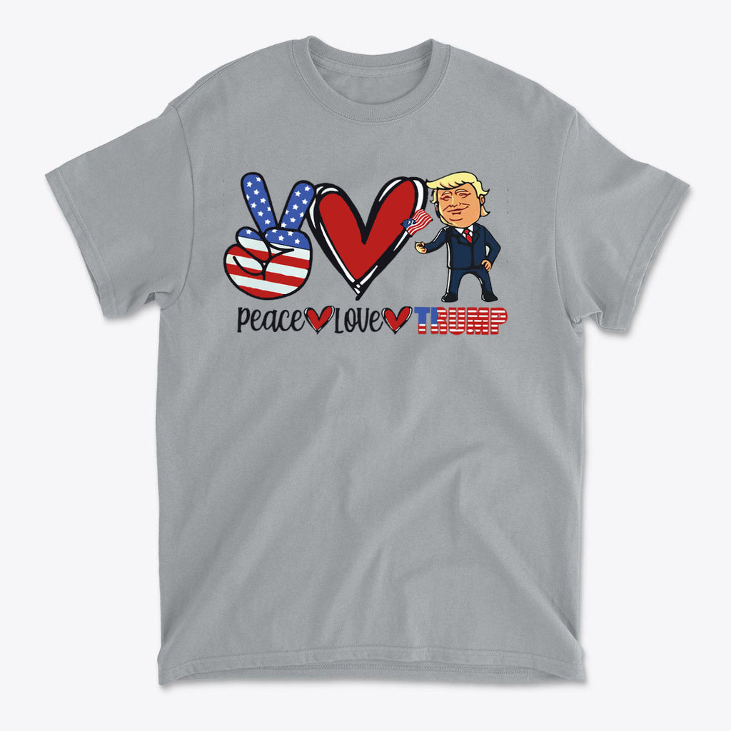 Peace Love Trump Patriotic Design t-shirt featuring peace sign, heart, and cartoon character in retro style.