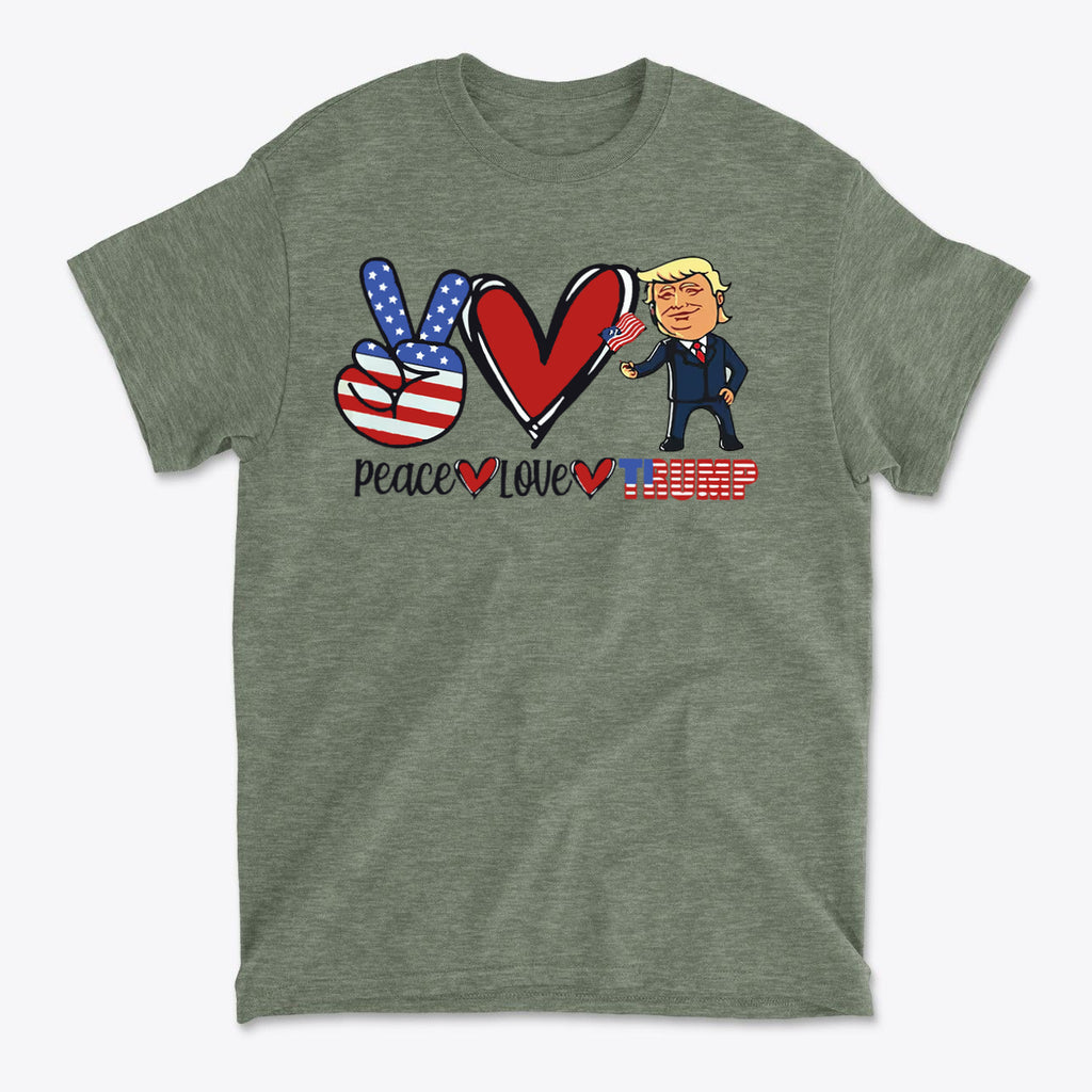 Peace Love Trump Patriotic Design graphic t-shirt with peace sign, heart, and cartoon figure of Trump