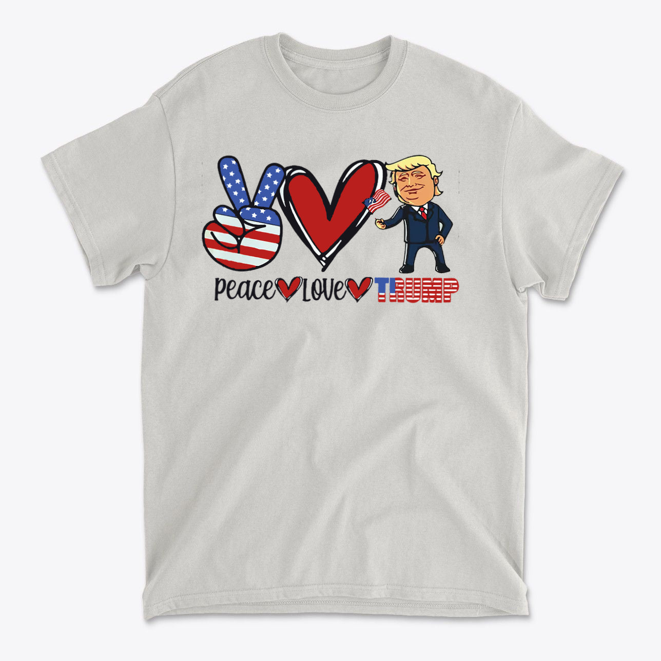 Peace Love Trump Patriotic Design t-shirt featuring peace sign, heart, and cartoon Trump.