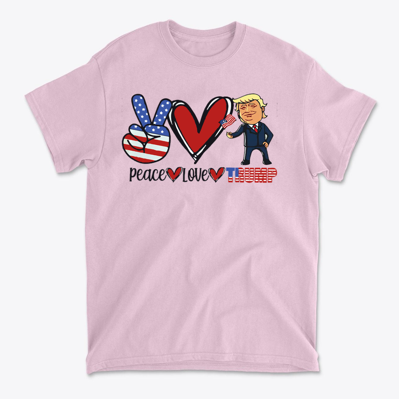 Peace Love Trump Patriotic Design graphic t-shirt featuring a playful design with peace signs and hearts.