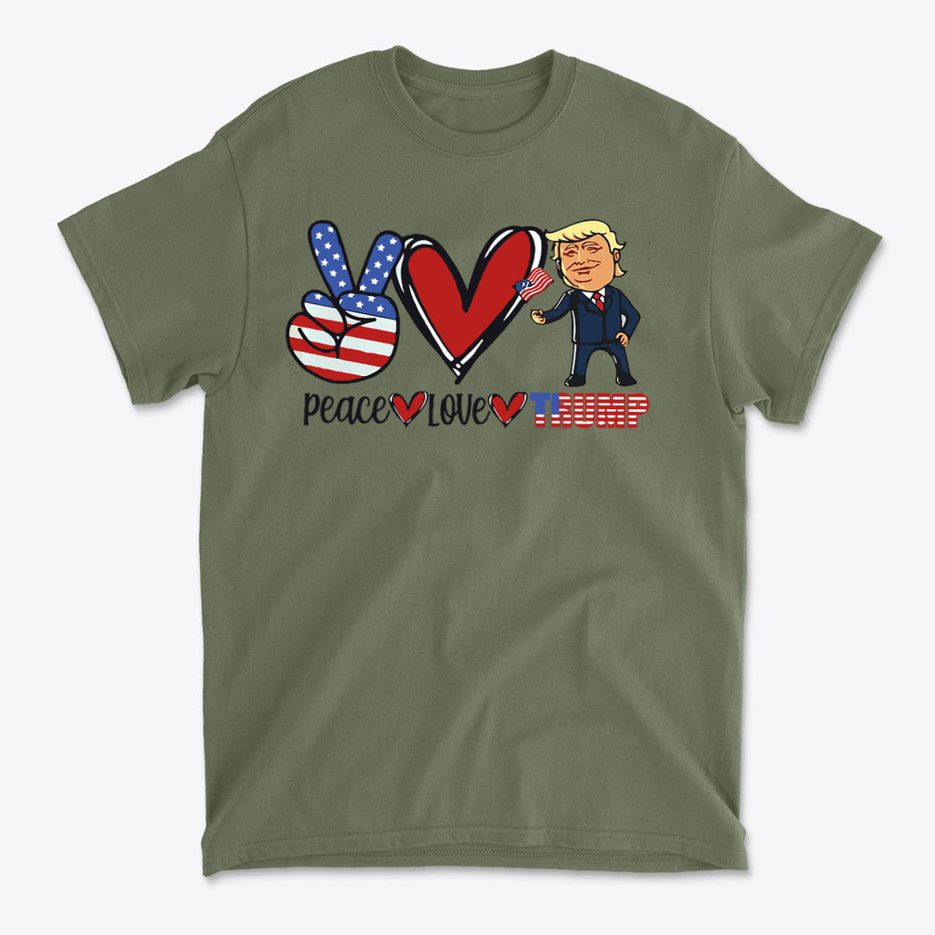 Peace Love Trump Patriotic Design t-shirt featuring a retro-inspired graphic with playful icons and bold colors.