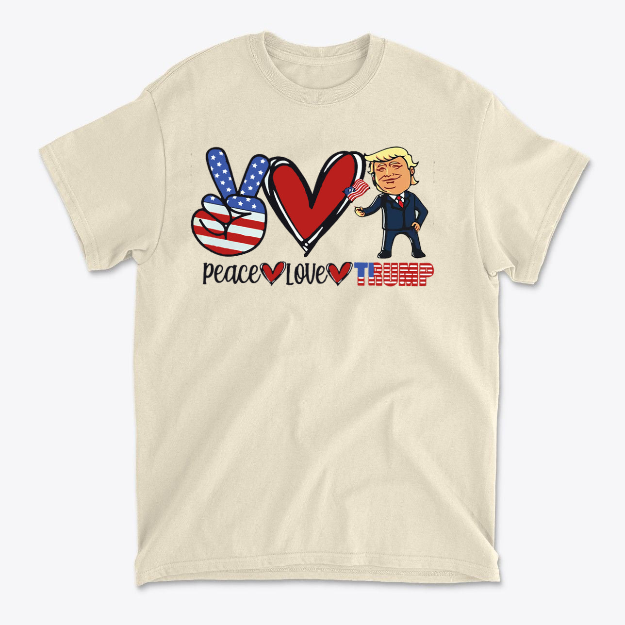 Peace Love Trump Patriotic Design graphic t-shirt featuring peace sign, heart, and cartoon Trump