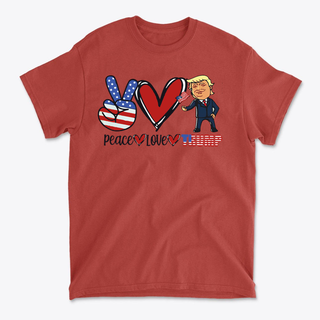 Peace Love Trump Patriotic Design t-shirt featuring peace sign, heart, and a cartoon image of Trump.