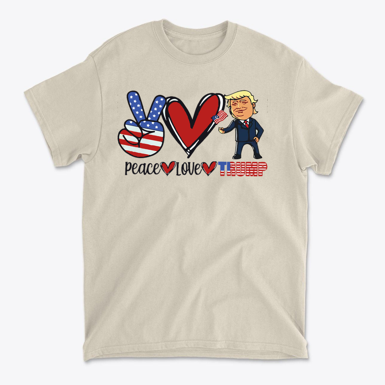 Peace Love Trump Patriotic Design t-shirt featuring a cheerful graphic with peace signs and a cartoon Trump.