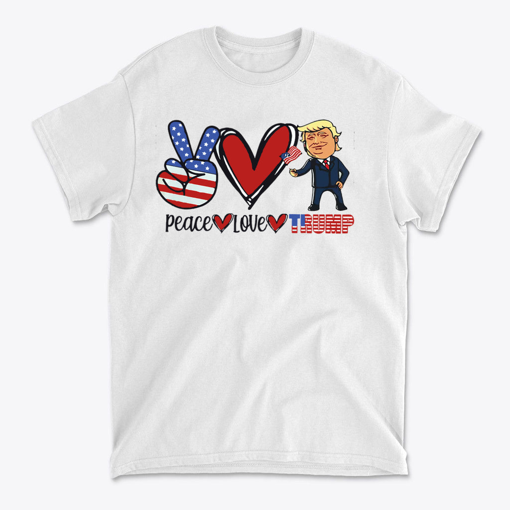 Peace Love Trump Patriotic Design t-shirt featuring retro graphic of peace sign, heart, and Trump illustration.