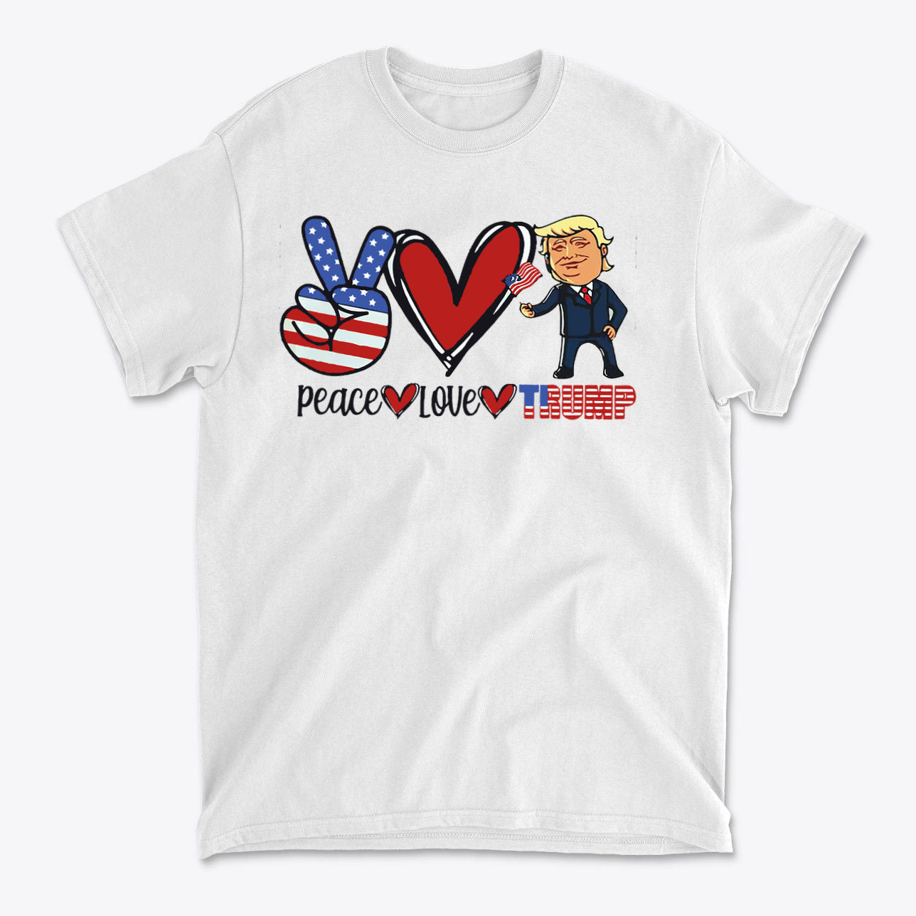 Peace Love Trump Patriotic Design t-shirt featuring retro graphic of peace sign, heart, and Trump illustration.