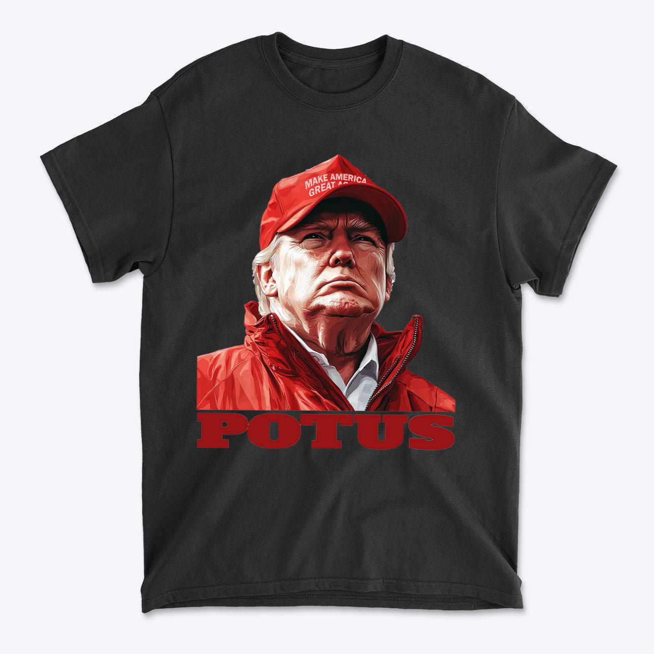 POTUS USA Patriotic Apparel Design featuring a bold graphic of a political figure on a black t-shirt.