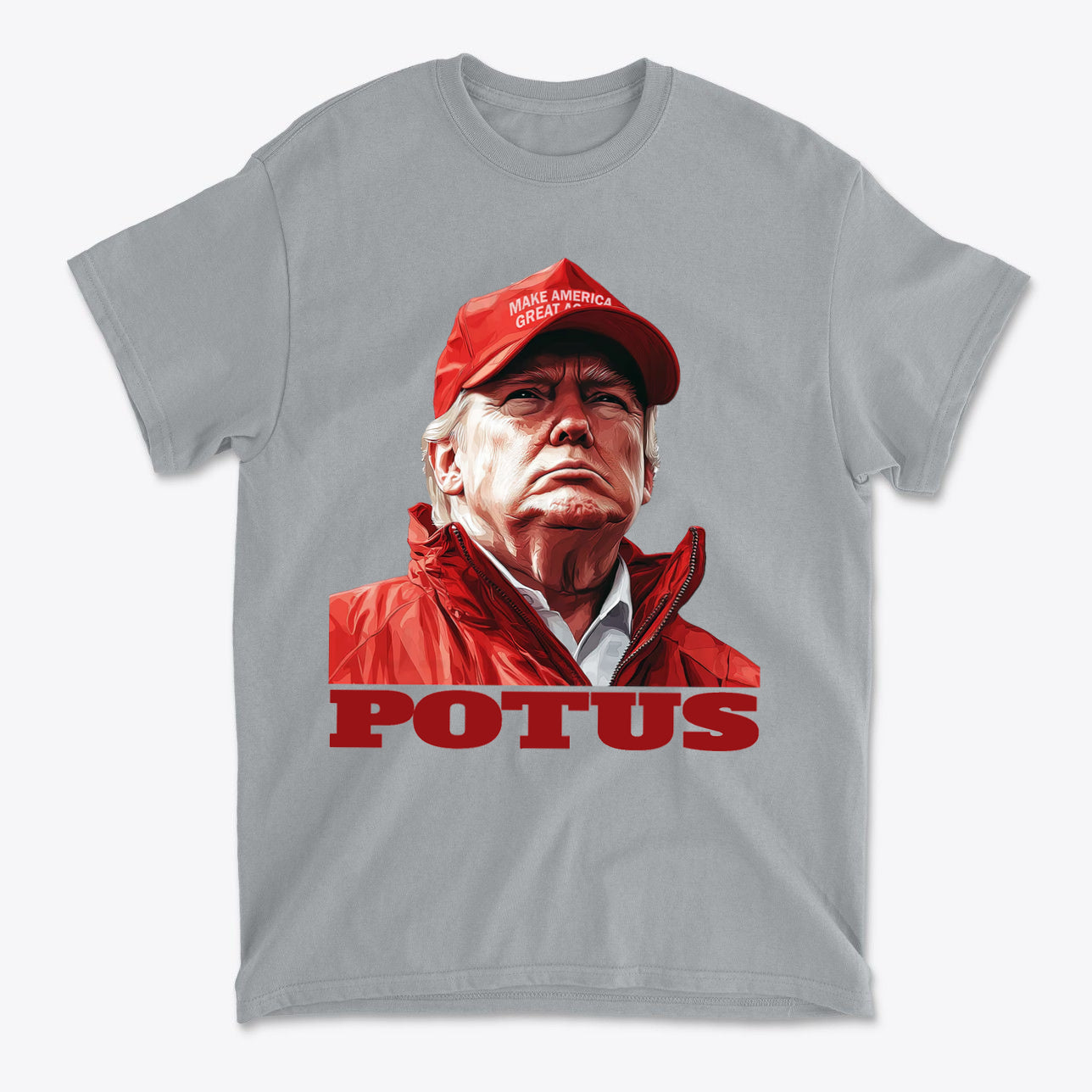 POTUS USA Patriotic Apparel Design featuring a bold graphic of Trump in a red jacket and hat.