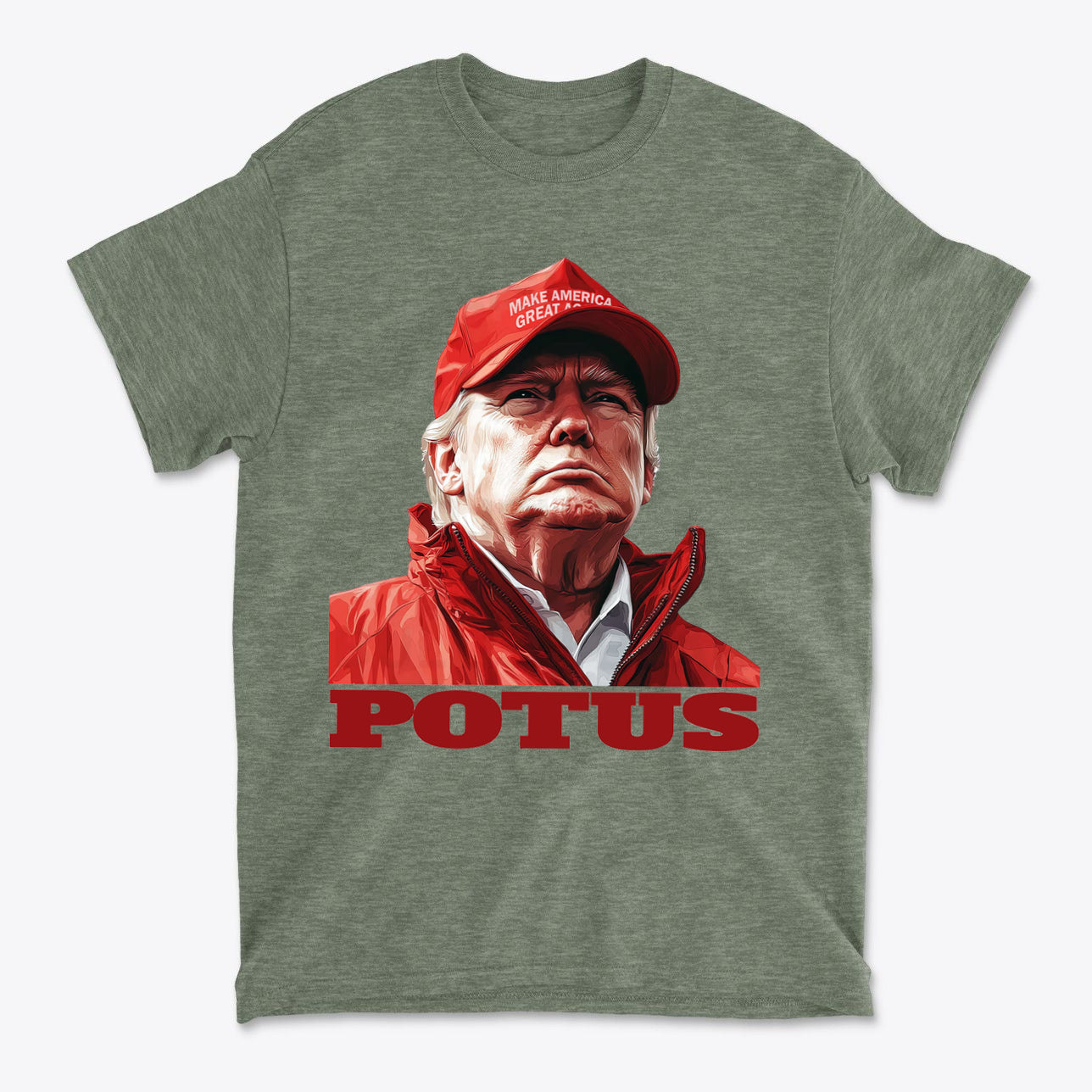 POTUS USA Patriotic Apparel Design featuring bold portrait printed on a green t-shirt with iconic slogan.
