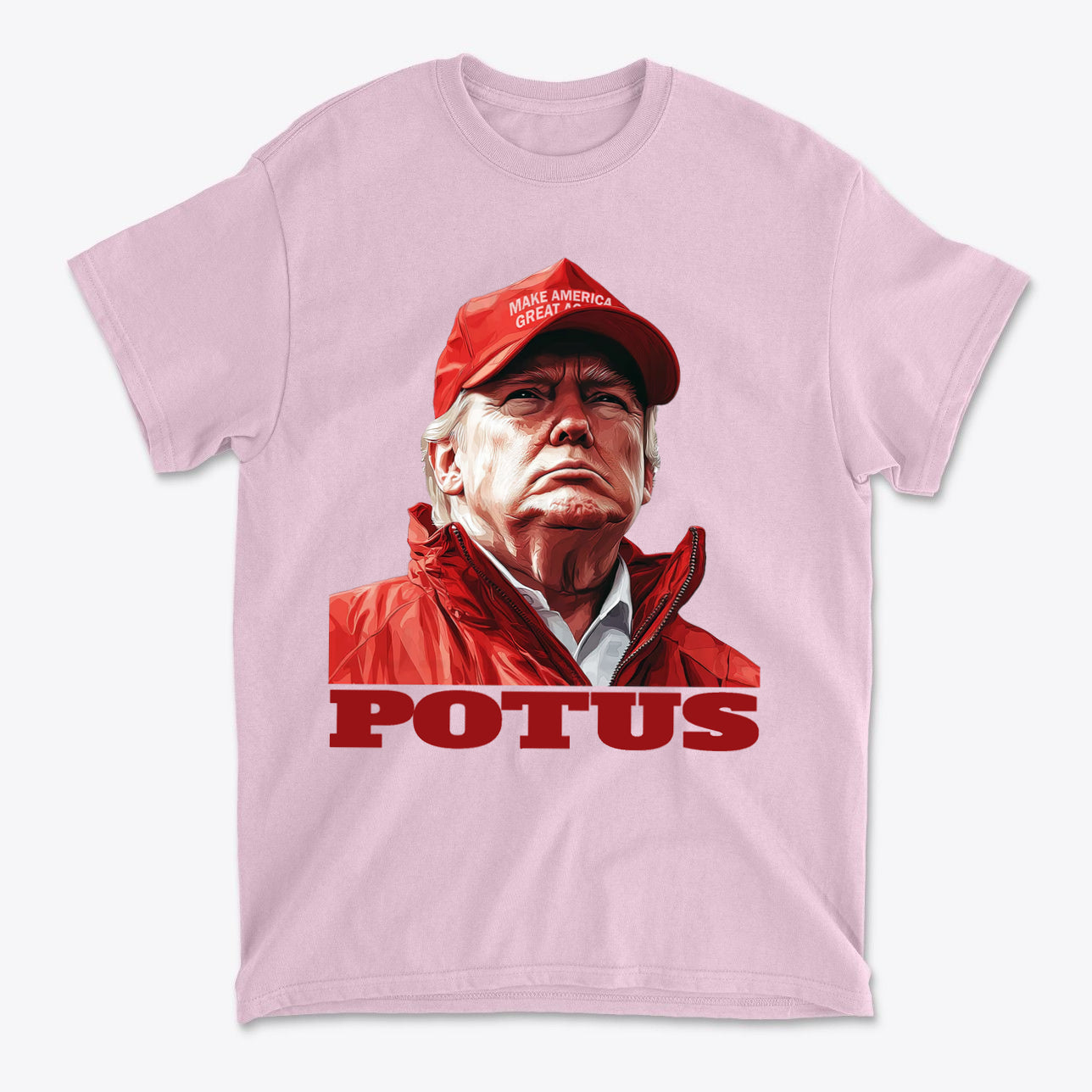 POTUS USA Patriotic Apparel Design featuring an illustration of a man in a red jacket and hat with the word POTUS.
